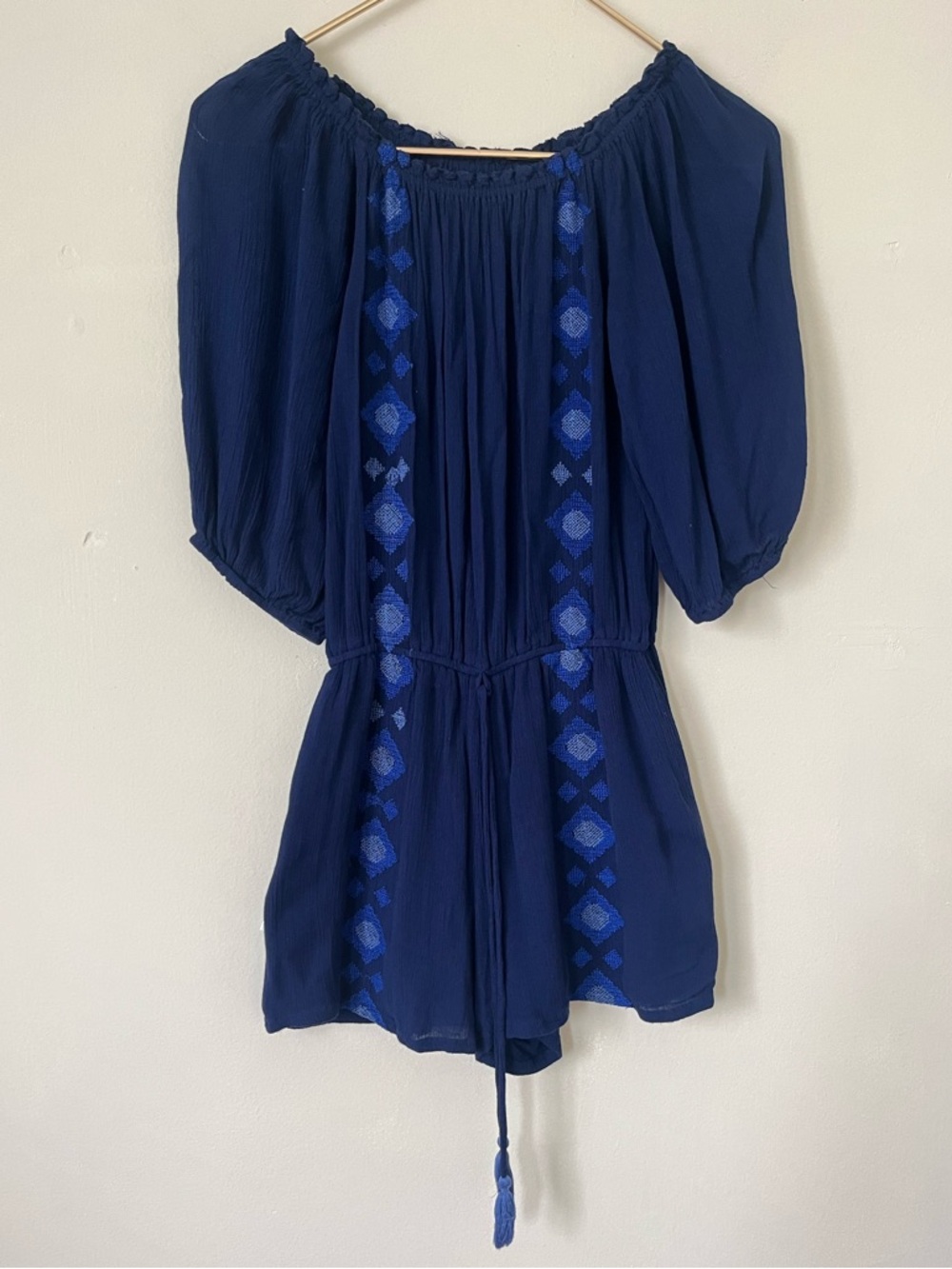 Navy Blue Embroidered coastal nautical boho summer Peasant Romper size XS